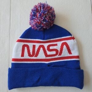 Nasa Blue Sweater Knit Pom Pom Beanie